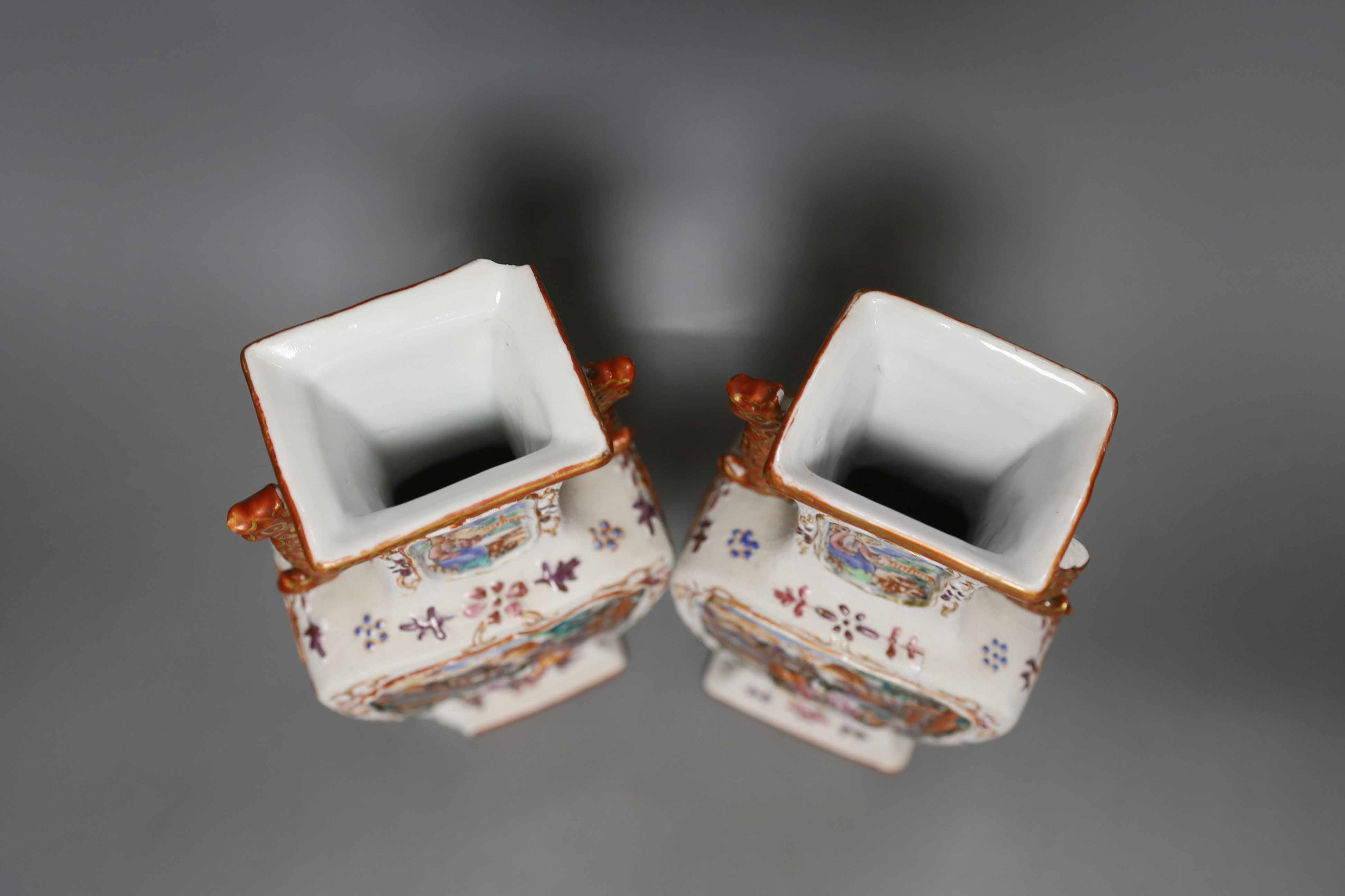 A pair of 18th century Chinese export square form famille rose vases and covers with phoenix handles - 24.5cm tall